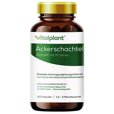 Abbildung von Vitalplant® Ackerschachtelhalm Extrakt 500mg im Braunglas 120 Kapseln Hochdosiertes Schachtelhalm (5:1) mit organischem Silizium Vegan