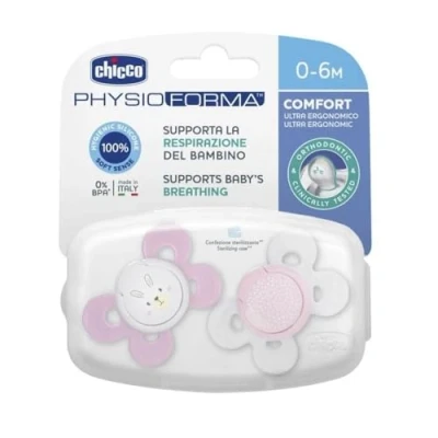 Abbildung von Chicco PhysioForma Comfort Schnuller 0 6 Monate, 2 Stück, mit Silikon Sauger, Unterstützt Physiologische Atmung und Fördert Korrekte Entwicklung des Mundes