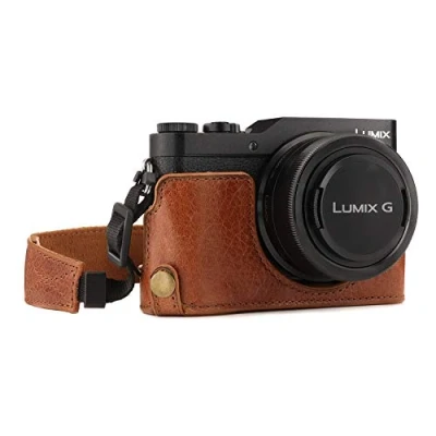 Abbildung von MegaGear Panasonic Lumix DC GX950, GX900, GF10 Ever Ready Echtleder Kamera Halbtasche mit Trageriemen Braun