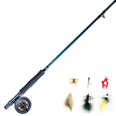 Abbildung von Martin Fliegenfischset Komplettset 8 Fuß 5/6 Gewicht 3 teilige Fliegenfischrute Größe Felgenkontrollrolle vorgespult mit Backing, Schnur und Vorfach, inklusive Custom Fly Tackle Sortiment,