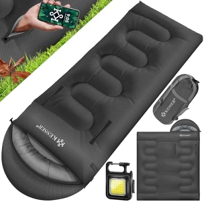 Abbildung von KESSER® Schlafsack Outdoor 220cm x 83cm Deckenschlafsack 3 4 Jahreszeiten Camping Sleeping Bag für Erwachsene Leicht Tragbar Warm &amp; Wasserabweisend inkl. Campinglampe Seitentasche Anthrazit