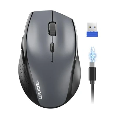 Abbildung von TECKNET PRO Kabellose Maus Wiederaufladbar, Silent Funkmaus 6400 DPI, 2,4 GHz Computermaus, Ergonomische Griffe, 6 Tasten, Tragbar für PC, Laptop,Chromebook, Mac Grau