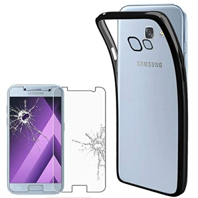 Abbildung von ebestStar Hülle für Samsung Galaxy A3 2017 SM A320F, Silikon Handyhülle Cover, Klar TPU Schutzhülle, Slim Handy Case, Transparent/Schwarz + Panzer Schutz Glas