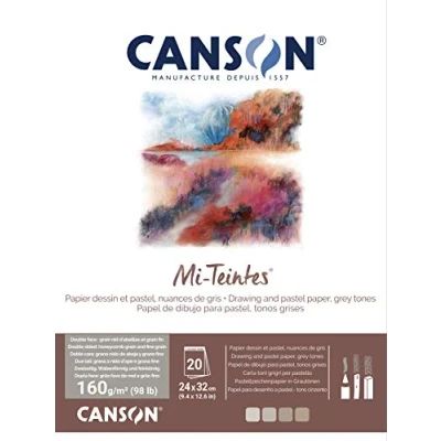 Abbildung von Canson Mi Teintes, Farbiges Zeichenpapier, 160gsm, 98lb, An der kurzen Seite geleimter Block, 24x32cm, 4 Grautöne, 20 Blatt C31032P003 grau Hojas