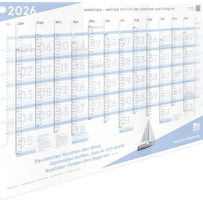 Abbildung von weekview Jahresplaner mit Wochenstruktur DIN A1 &quot;blau&quot;, Wandkalender Ferien, Feiertagen und Zitat, Jahreskalender, Wandplaner 14 Monate klarer Kalenderwoche Segelboot Motiv