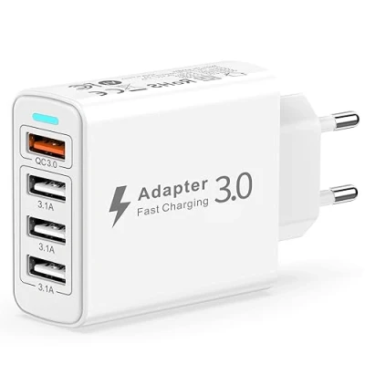 Abbildung von USB Ladegerät Mehrfach 4 Port, Mehrfachstecker 33W QC3.0 Schnellladegerät Netzteil Adapter Steckdose Stecker für iPhone 14/13/12/11/XR/XS/X/8/7/6,Samsung S23/S22/S21/A53,Handy