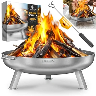 Abbildung von KESSER® Feuerschale 2,5mm Stahldicke Feuerkorb Ø70cm Edelstahl Feuertonne +42cm Feuerhaken Gusseisen Wasserablauf &amp; 2 stabile Griffe Holz Kohle Feuerstelle für Lagerfeuer Garten Terrasse
