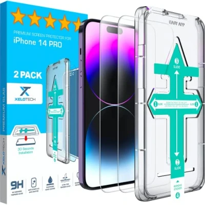 Abbildung von XeloTech Premium Schutzglas für iPhone 14 PRO [2xStück] hochwertiger Displayschutz robuste Panzerfolie Folie aus Hartglas 9H Glasfolie