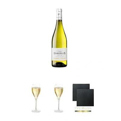 Abbildung von Domaine Horgelus Blanc 0,75 Liter + Taittinger Champagner Glas Schiefer Glasuntersetzer eckig ca. 9,5 cm Ø 2 Stück