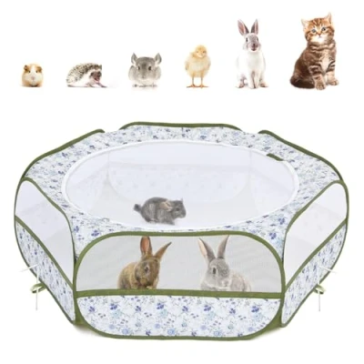 Abbildung von Pawaboo Kleintiere Freigehege, Wasserdicht Faltbar Kaninchen Freilaufgehege für Hasen Hühner Kätzchen Welpen Kaninchen, Visuell Laufstall mit Netz Reißverschluss und Nylonboden, Blau + Weiß Blume