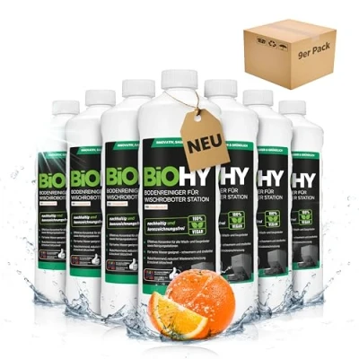 Abbildung von BiOHY Bodenreiniger Für Wischroboter Station mit Orangenduft (9 x 1 Liter) Reinigungsmittel Konzentrat alle Wisch &amp; Saugroboter Nass Funktion Schaumarm Streifenfrei Böden