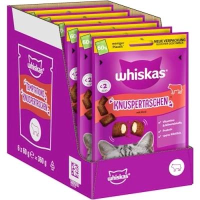 Abbildung von WHISKAS Knuspertaschen Katzensnacks mit Rind 6 x 60g Leckere Snacks für Katzen