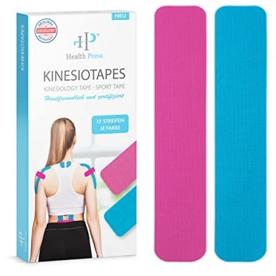 Abbildung von Health Press Kinesiologie Tape Streifen Precut Blau + Rosa (25cm x 5cm)