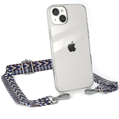 Abbildung von EAZY CASE Handykette Flexibler Trageriemen kompatibel mit iPhone 14 Plus, Schultergurt zum Umhängen, Riemen, Band austauschen, Wechselgurt, Blau/Weiß Metall Silber