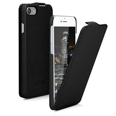 Abbildung von kalibri Flip Hülle Ultra Slim kompatibel mit Apple iPhone SE (2022) / (2020) 8 7 Leder Case Schutzhülle Tasche in Schwarz