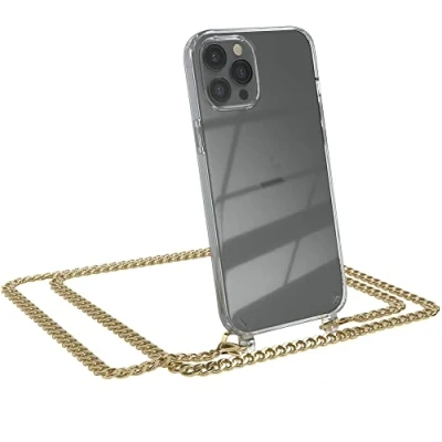 Abbildung von EAZY CASE Handykette kompatibel mit iPhone 12 Pro Max Handyhülle Metal Umhängeband und Ersatz Kordel schwarz, Handykordel Schutzhülle, Stylische Kette, Gold