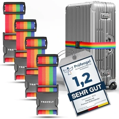 Abbildung von Travely® Premium Koffergurt Besonders Auffällig &amp; Sicher Inkl. 4 Namensschildern Gepäckband ideal über Kreuz [4er Set] Regenbogen