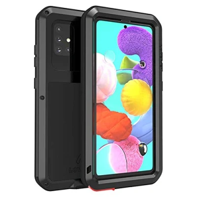 Abbildung von LOVE MEI Schutzhülle für Samsung Galaxy A51, Aluminium Metall + Hartglas, wasserdicht, stoßfest, militärisch, robust, A51 (A51, schwarz)
