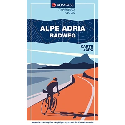Abbildung von KOMPASS Fahrrad Tourenkarte Alpe Adria Radweg 1:50.000: Von Salzburg nach Grado, GPX Datei zum Download, Leporello Karte, reiß und wetterfest