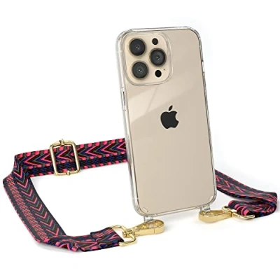 Abbildung von EAZY CASE Handykette Verstellbarer Trageriemen kompatibel mit iPhone 13 Pro, Schulterriemen, Handykordel Case, DIY Gürteltasche Hülle, Pink/Blau Metallstücke Gold