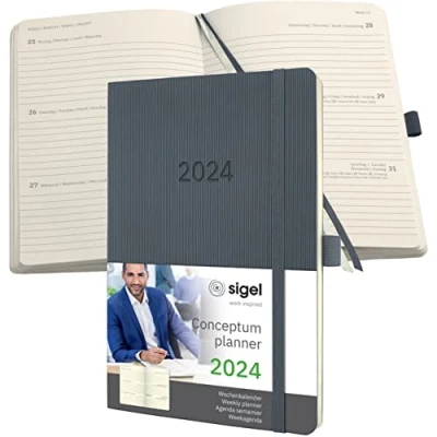 Abbildung von SIGEL C2436 Terminplaner Wochenkalender 2024, ca. A5, dunkelgrau, Softcover, 192 Seiten, Gummiband, Stiftschlaufe, Archivtasche, PEFC zertifiziert, Conceptum