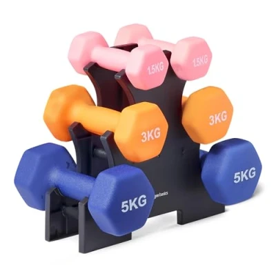 Abbildung von Amazon Basics Hantel Set mit Neoprenbeschichtung, Hantelständer, 3 Stück (1.5 kg, 5 kg), Mehrfarbig