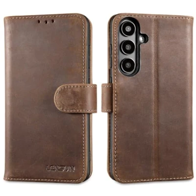 Abbildung von LENSUN Lederhülle für Samsung Galaxy S24 5G, Echtleder Hülle [Kartenfach][Magnetverschluss][Echtes Leder] Handytasche Schutzhülle Handyhülle Vintage Dunkelbraun