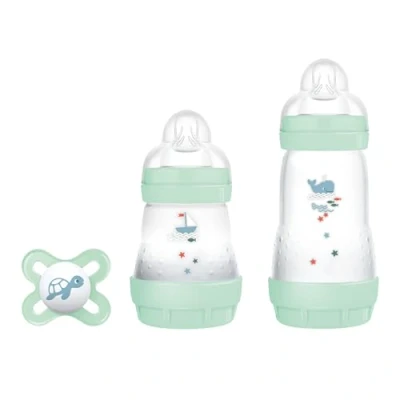 Abbildung von MAM Starter Set mit 2 Anti Kolik Fläschchen, 160 ml und 260 Sauger aus SkinSoft Silikon, Original Start Schnuller, 0+ Monate, neutral