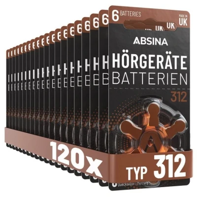 Abbildung von ABSINA Hörgerätebatterien 312 120 Stück mit gut greifbarer Schutzfolie Batterien für Hörgeräte Zink Luft 1,45V Typ Batterie Braun PR41 ZL3 P312
