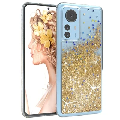 Abbildung von EAZY CASE Hülle kompatibel mit Xiaomi 12 Pro Schutzhülle Flüssig Glitzer, Handyhülle, Schutzhülle, Back Cover Glitter Flüssigkeit, TPU/Silikon, Transparent/Durchsichtig, Gold