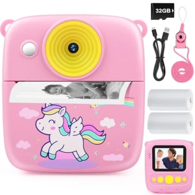Abbildung von Dhapy Sofortbildkamera Kinder, 48MP Kinderkamera mit Druckpapier &amp; 32 G TF Karte, 1080P Digitalkamera Geschenke für Jungen und Mädchen 3 4 5 6 7 8 9Jahre Pink