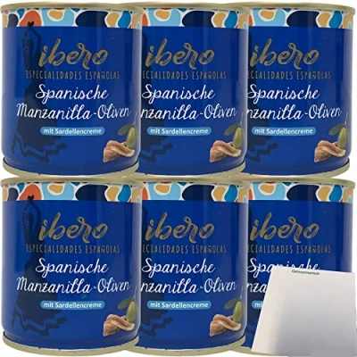 Abbildung von Ibero Spanische Manzanilla Oliven mit Sardellencreme 6er Pack (6x200g Dose) + usy Block