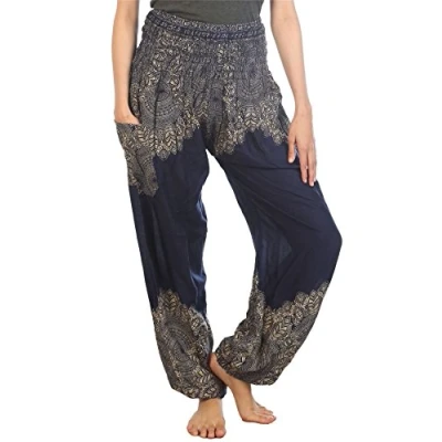 Abbildung von Lofbaz Damen Haremshose mit gesmoktem Boho Hosen Floral Dunkelblau Size XL