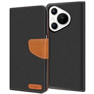 Abbildung von Verco kompatibel mit Huawei Pura 70 Pro Hülle, Schutzhülle für Tasche Denim Textil Book Case Flip Klapphülle, Schwarz