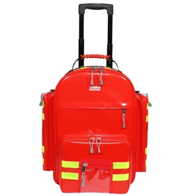 Abbildung von Gima Notfall Rucksack Logic 2 aus PVC, mit Trolley, 6 bunten Taschen, Vorder und Seitentaschen, Farbe Rot doppelte reflektierende gelbe Streifen, Schulterriemen, Größe 49 x 31 57 cm