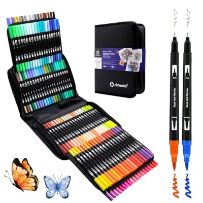Abbildung von Artecho Dual Brush Pen Set 120 Farben mit Schwarzer Tragetasche, Filzstifte Dicke und Dünne, Pinselstifte set, Stifte für Bullet journal, Kalligraphie, Manga, Malbücher Handlettering