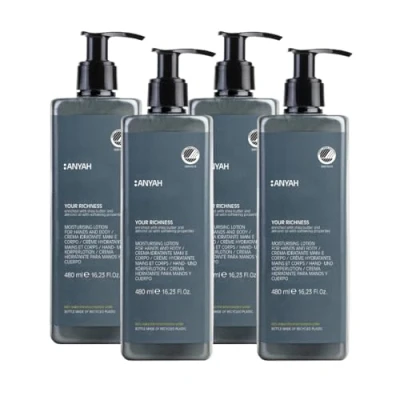 Abbildung von Anyah Handlotion &amp; Körperlotion 4x480ml Nachfüllbare Feuchtigkeitscreme Dermatologisch Getestet Mit Bio Samenöl Rosmarin Extrakt Made in Italy