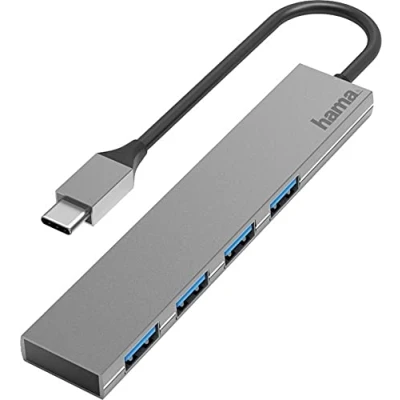 Abbildung von Hama USB C Hub 4 Ports (Super Speed Datenübertragung mit bis zu 5 Gbps, 4x A für Maus, Stick, usw., 3.2 Gen1 Multiport Adapter, Adapter 4in1 Büro, Homeoffice und unterwegs) Alu
