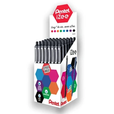 Abbildung von Pentel iZee BX470 A Druckkugelschreiber mit Metallclip, breite Spitze, 1 mm, Schwarz, 48 Stück