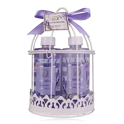Abbildung von Accentra Duschset Frauen Geschenkset LAVENDEL im schönem Drahtkorb, 4 teiliges Pflegeset mit Duschgel, Bodylotion, Schaumbad uvm. Wellness Geschenk Set zum Geburtstag, Valentinstag &amp; Weihnachten