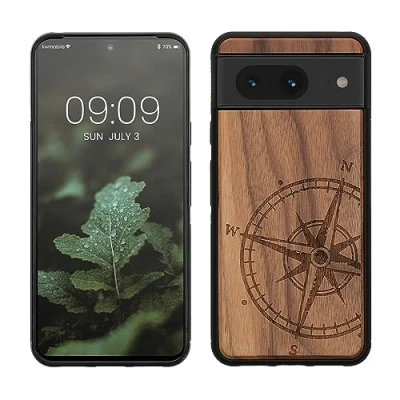 Abbildung von kwmobile Hülle kompatibel mit Google Pixel 8 Holz Case Handy Cover TPU Handyhülle in Dunkelbraun Kompass Vintage