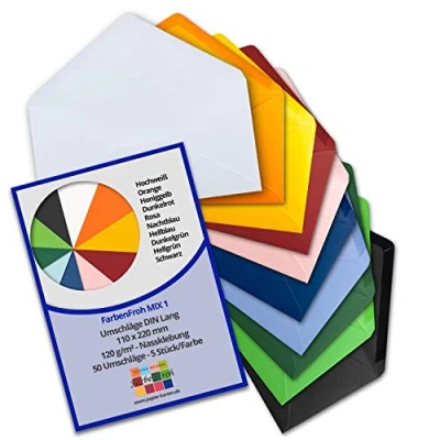 Abbildung von 50 Brief Umschläge Farbenmix Paket 1 DIN Lang 110 x 220 mm (11 22 cm) Nassklebung ohne Fenster Ideal für Einladungs Karten Serie FarbenFroh