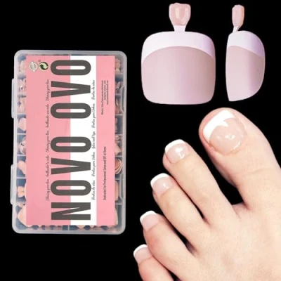 Abbildung von NOVO OVO fußnägel zum aufkleben, Artificial toe nail tips, LIGHT PINK fussnägel kleben, künstliche zehennägel, soft gel full cover toenail tips set, fuß nägel x 15 Größen 360 Stück