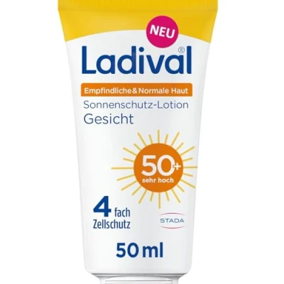 Abbildung von Ladival Empfindliche und Normale Haut Sonnenschutz Lotion LSF 50+ für das Gesicht bei empfindlicher normaler Haut, mit einzigartigem 4 fach Zellschutz, Hyaluronsäure Photolyase, 50ml