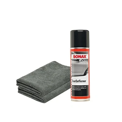 Abbildung von detailmate Bundle SONAX Teerentferner 0,3L + 2x Mikrofasertuch 380GSM, 40x40cm Löst schonend und gründlich Teer , Ölflecken andere Verschmutzungen von Lack Chrom