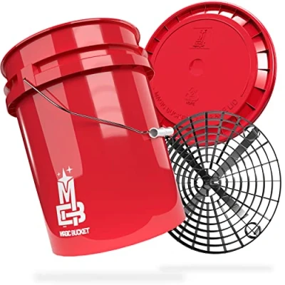 Abbildung von MAGIC BUCKET Auto Handwäsche Bundle Wascheimer Mit passendem Eimer Deckel 5 US GALLONEN ca. 20 Liter Grit Guard Eimereinsatz Schmutzsieb Waschset Rot/Schwarz