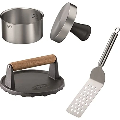 Abbildung von RÖSLE Burgerpresse Barbecue Burger Set All In One, Edelstahl 18/10, Gusseisen, 3 tlg., PRO, BBQ Gewicht und Wender