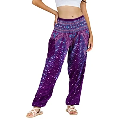 Abbildung von Lofbaz Damen Haremshose Yogahose Pumphose Hippie Hose Boho Kleidung Festival Outfit Sommerhose Leicht Sommer Hosen Peacock 1 Violett B L