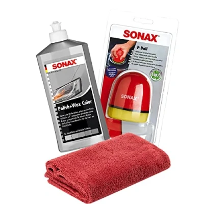 Abbildung von detailmate SONAX Hand Polier Bundle: Polish+Wax Color Silber/grau 500ml Politur + P Ball ergonomischer Edgeless Mikrofaser Poliertuch 550GSM rot