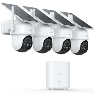 Abbildung von AOSU 2K Überwachungskamera Aussen Solar Akku, 4 Cam Kit &amp; HomeBase, Keine Gebühren, 360 Panorama Kabellose Kamera, 32GB Lokaler Speicher, Auto Tracking, Farb Nachtsicht, 2 Wege Audio, 5G 2.4G WLAN